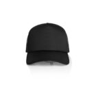 Black trucker hat with mesh sides, shown from the front on a white background.