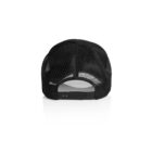 Black mesh trucker hat viewed from the back, showing adjustable snap closure.