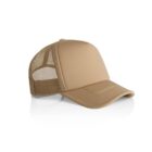 Tan mesh trucker hat with curved brim on a white background.