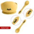Yellow baby bowl, spoon, and fork set with Bilbo! logo; Extra Cost label at bottom left.
