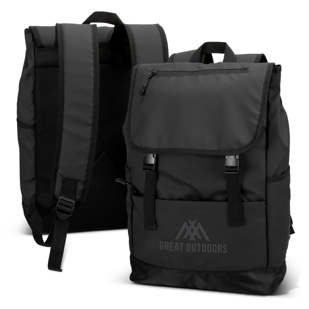 Two black backpacks with Great Outdoors logo and flap closures.