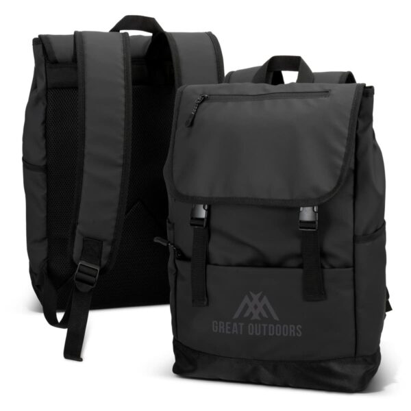 Two black backpacks with straps and Great Outdoors logo on one.