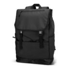 Black backpack with a flap closure and front pocket against a white background.
