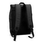 Black backpack with padded shoulder straps shown from the back.