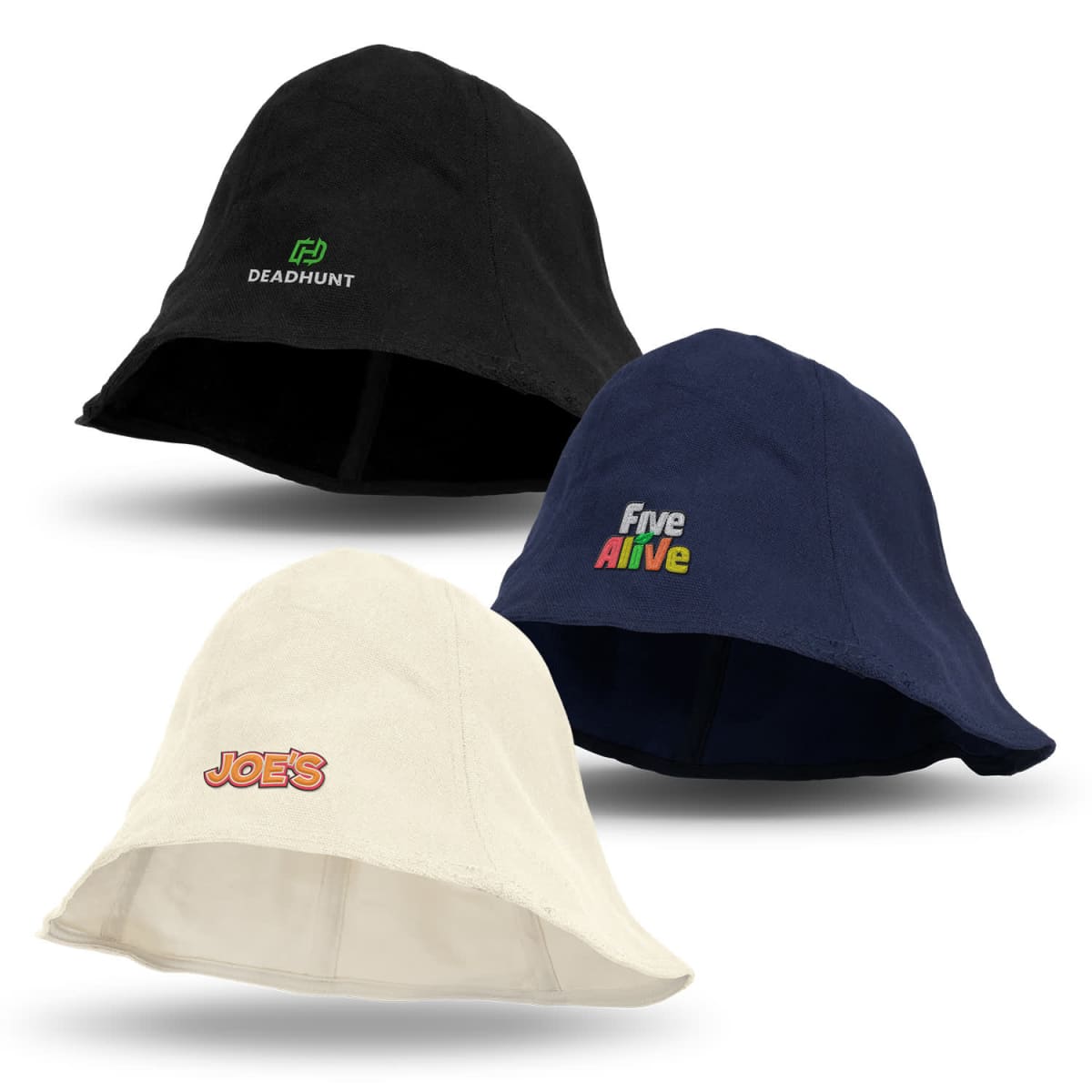 Three bucket hats in black, navy, and white with different logos.