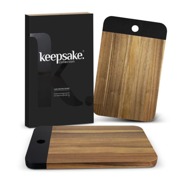 Rectangular wooden serving board with black ends, alongside its packaging.