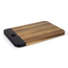Wooden cutting board with black edge and a hole for hanging.
