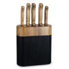 Wood and black knife block holding five knives with wooden handles.