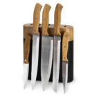 Set of five kitchen knives with wooden handles in a block stand.