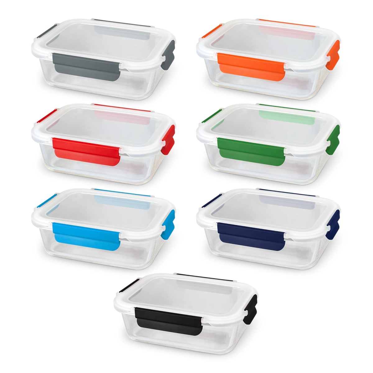 Seven clear plastic food containers with colored clips.