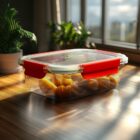 Food container filled with mango slices on a sunlit wooden table near green plants.