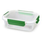 Clear rectangular food container with green latches on the lid.