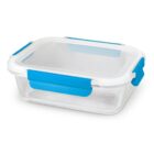 A transparent food container with a white lid and blue clips.