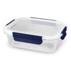 Rectangular glass food container with a white lid and navy blue clasps.