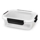 Rectangular glass container with a white lid and black clasps.