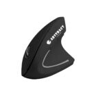 Black ergonomic vertical computer mouse on a white background.