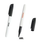 Two white markers with black caps, one uncapped and drawing a black squiggle.