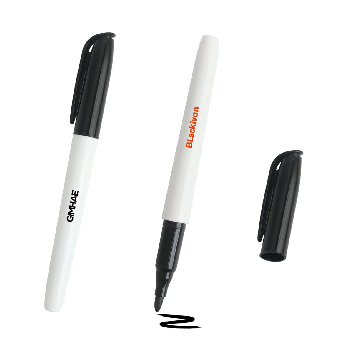 Two white markers with black caps, one uncapped and drawing a black squiggle.