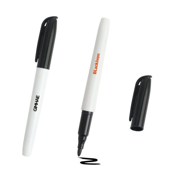 Two black-capped markers, one uncapped, with a squiggled line on white background.