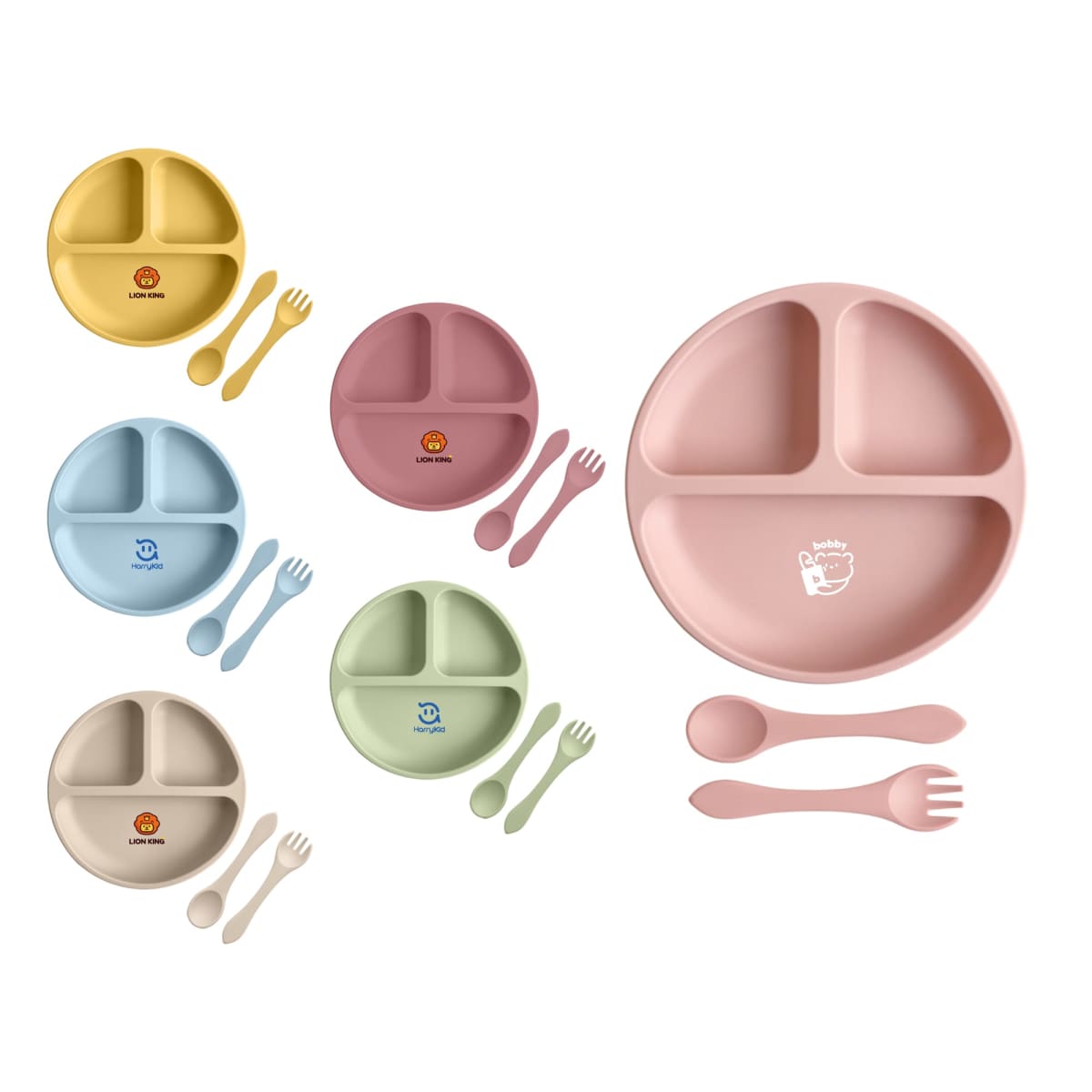 Colorful divided plates with matching forks and spoons for children, arranged on a white background.