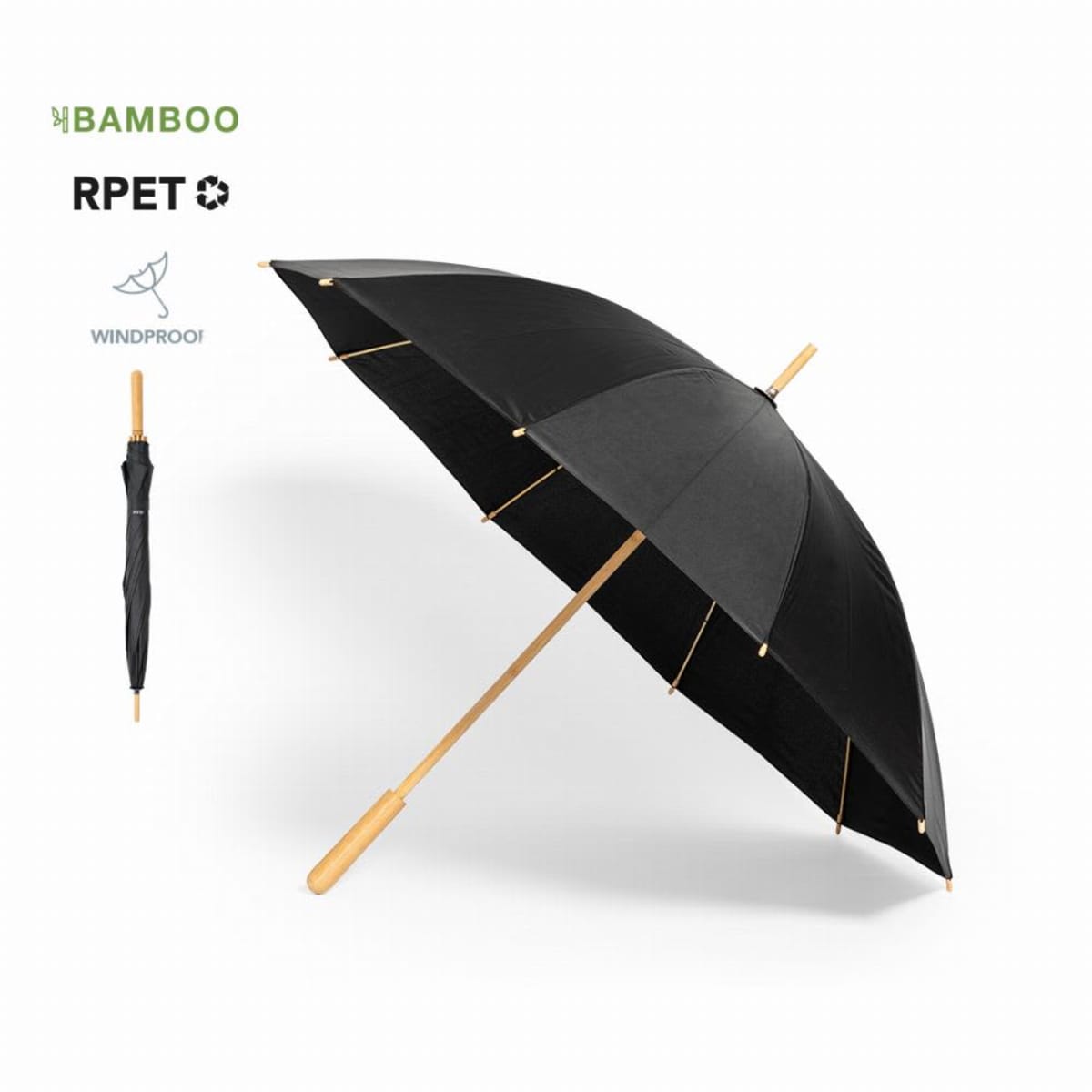 Black umbrella with bamboo handle, windproof design, and RPET logo.