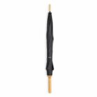 Closed black umbrella with a wooden handle on a plain background.