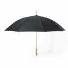 Black umbrella with a wooden handle, open against a white background.