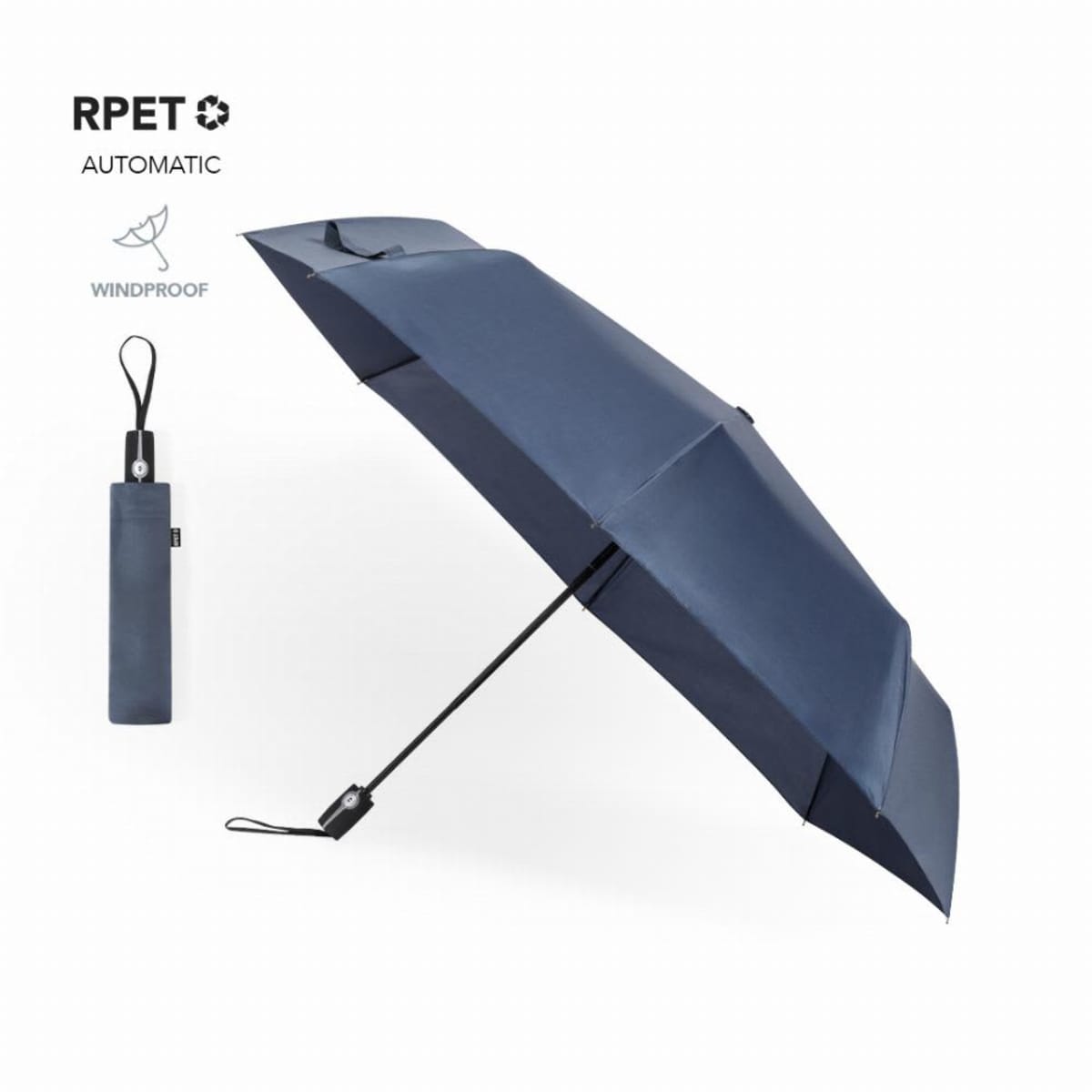 Dark blue automatic umbrella and matching sleeve; marked RPET and windproof.