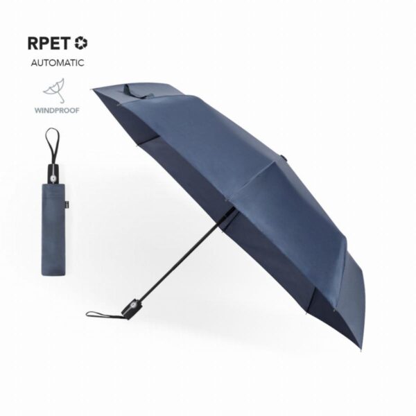 Blue automatic, windproof RPET umbrella with a matching sleeve.