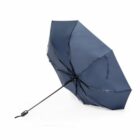 Blue umbrella, partially open, with a curved handle on a white background.