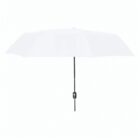 White umbrella with a black handle, fully open, against a plain white background.