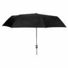 Black umbrella fully open with a straight, thin handle against a white background.