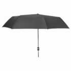 Black fully-opened umbrella with a straight handle on a white background.