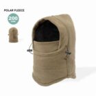 Tan polar fleece balaclava with adjustable drawstrings, labeled 200 GSM.