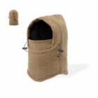 Brown fleece hood with adjustable drawstrings, shown from front and side angles.