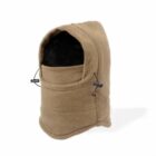 Tan fleece balaclava with adjustable drawstrings on both sides.