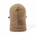 Brown fleece balaclava with adjustable toggles, viewed from the back.