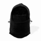 Black balaclava with adjustable toggles on a white background.