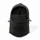 Black fleece balaclava with adjustable drawstrings on the sides.