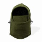 Green fleece balaclava with drawstrings, showing front view.