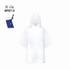 White kids poncho with hood, includes small blue pouch for storage. Recyclable material.