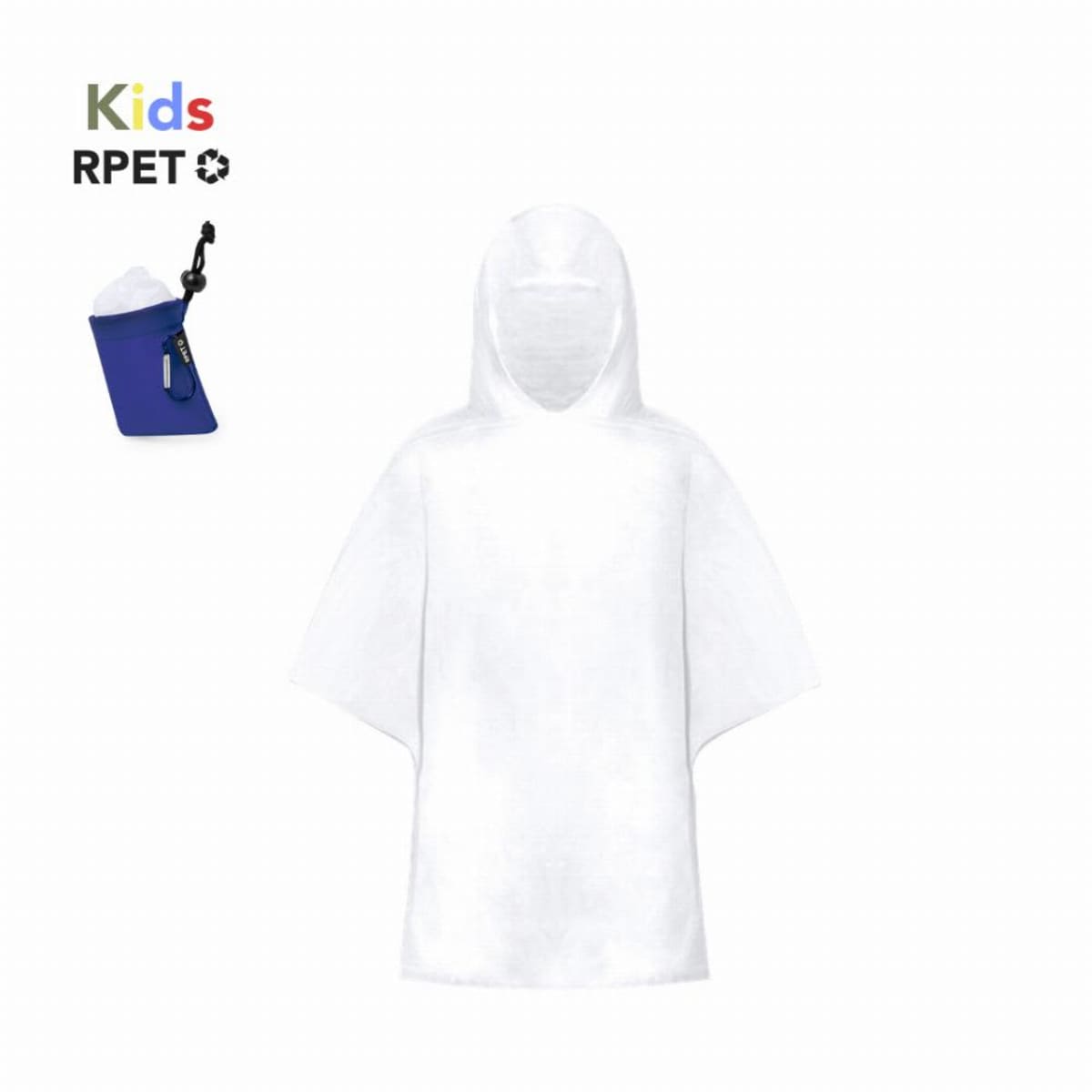 White kids poncho with hood, includes small blue pouch for storage. Recyclable material.