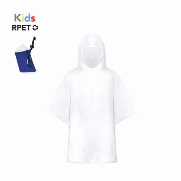 White kids poncho with hood and storage pouch, recycling symbol.