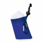 Blue fabric pouch with a black drawstring and clip, holding a crumpled white plastic bag.