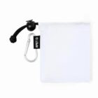 White pouch with black drawstring, carabiner, and RPET label.