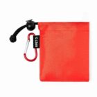 Red pouch with drawstring and carabiner attachment; labeled RPET.