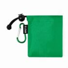 Green pouch with drawstring and carabiner attached.