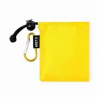 Yellow pouch with black drawstring, carabiner, and RPET label.