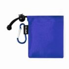 Blue pouch with black drawstring, blue carabiner, and RPET tag.