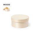 Round wooden box with a flat lid, also shown open in a smaller image.
